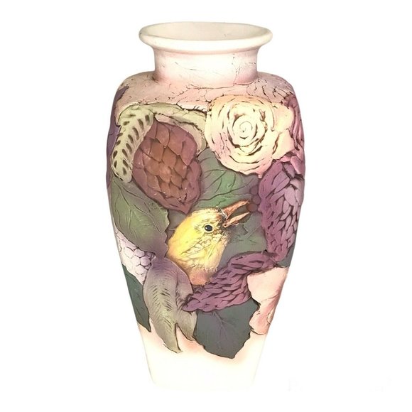 John Davis Pottery Ceramic Vase 12" Sculpted Inlaid Floral Bouquet With Birds - Picture 3 of 10